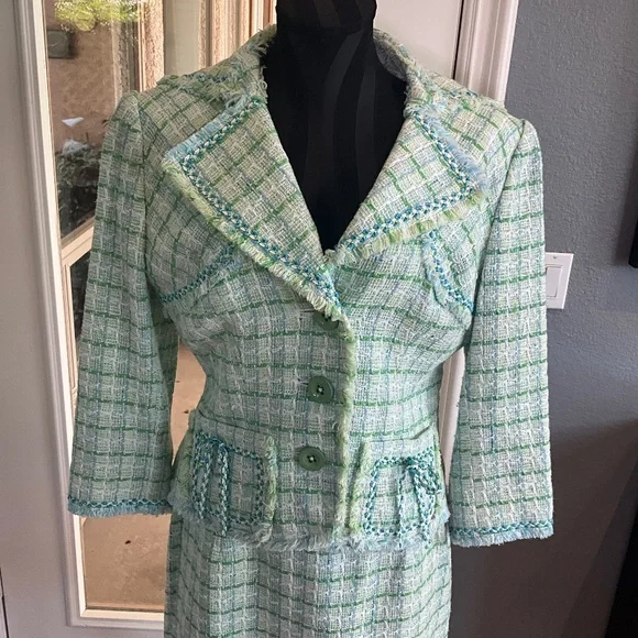 Kay Unger Y2K Preppy Tweed Plaid Skirt Suit Country Club Romantic Green White 10 - Picture 2 of 16